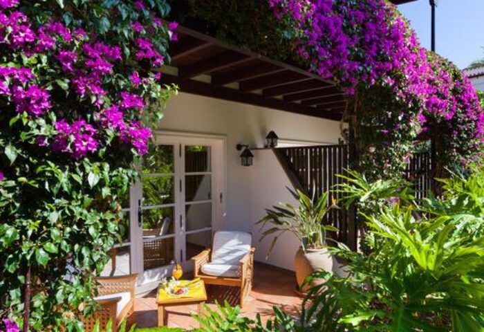 Seaside Grand Hotel Residencia Gran Lujo: lush garden patio with purple bougainvillea. Gay-friendly hotel, perfect for gay men travel.
