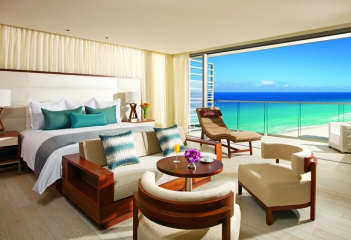 Secrets The Vine Cancun Resort & Spa room. Gay-friendly, all-inclusive, adults-only hotel. Ocean view from balcony.