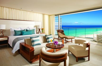 Secrets The Vine Cancun Resort & Spa room. Gay-friendly, all-inclusive, adults-only hotel. Ocean view from balcony.