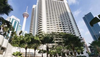 Shangri-La Hotel Kuala Lumpur, a gay-friendly hotel in Malaysia. Features KL Tower in the background. Great location for gay travel.