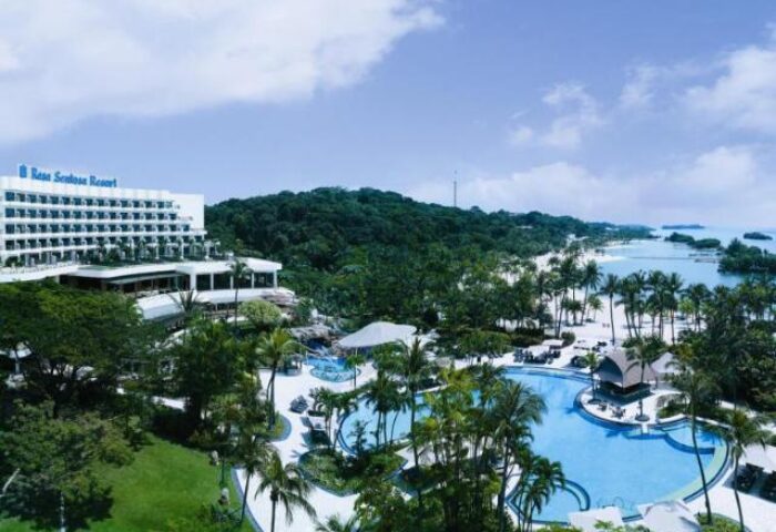 Shangri-La's Rasa Sentosa Resort & Spa view. Gay-friendly hotel with pool, beach, and tropical scenery. Ideal for gay men's travel and relaxation.