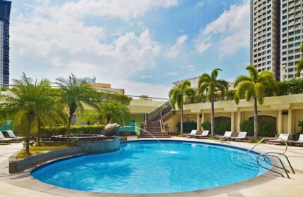 Sheraton Manila Bay gay-friendly hotel pool. Relax in style at this luxury Manila hotel. Palm trees, lounge chairs, and city views.