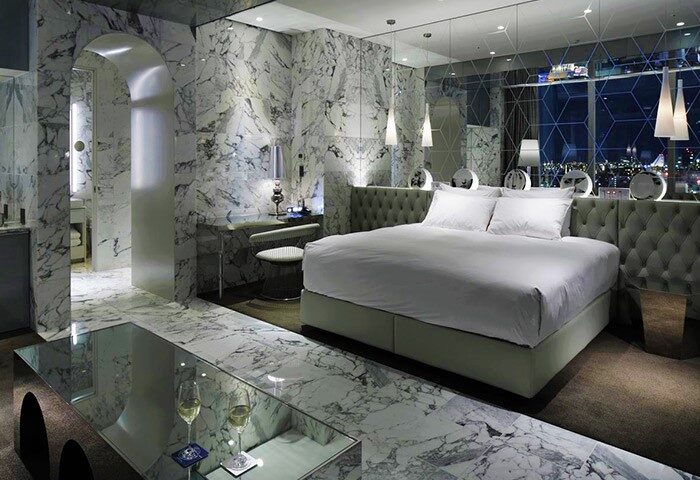Shinjuku Granbell Hotel room. Gay-friendly hotel features marble walls, a king bed, & city views. Ideal for gay travelers in Shinjuku, Japan.
