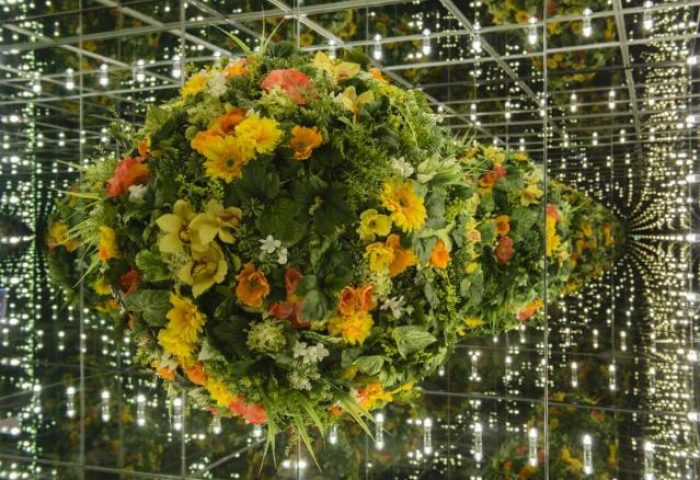 Floral art installation at Shinjuku Granbell Hotel, a gay-friendly hotel in Tokyo. Mirrored room with lights reflecting.