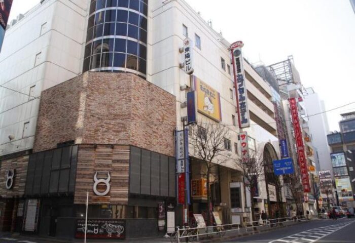 Shinjuku Kuyakusho-mae Capsule Hotel exterior. Gay-friendly hotel in Shinjuku, Tokyo. Capsule hotel architecture in Japan.