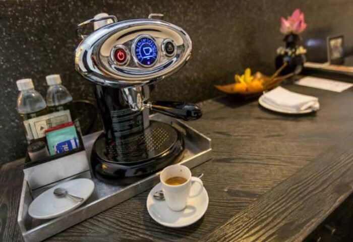 Shinta Mani Angkor hotel room's espresso machine. Gay-friendly hotel with Bensley Collection Pool Villas offers in-room coffee service.