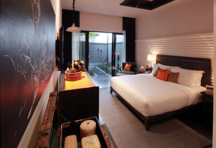 Shinta Mani Angkor's Bensley Collection Pool Villa bedroom. Gay-friendly hotel with a modern design. Ideal for gay men travel in Cambodia.