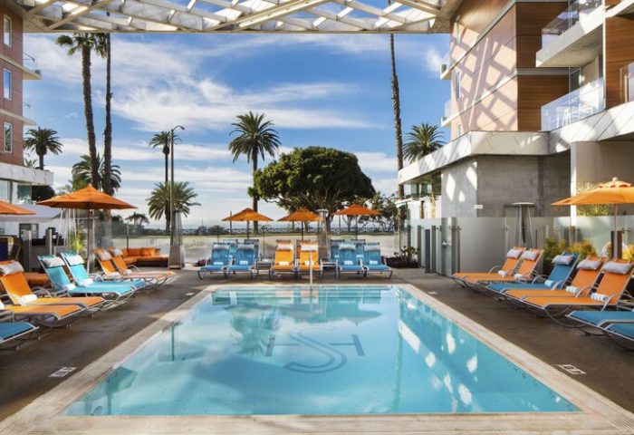 Shore Hotel's pool, a gay-friendly hotel. Deck chairs surround the pool, palm trees, blue sky. A relaxing vacation spot.