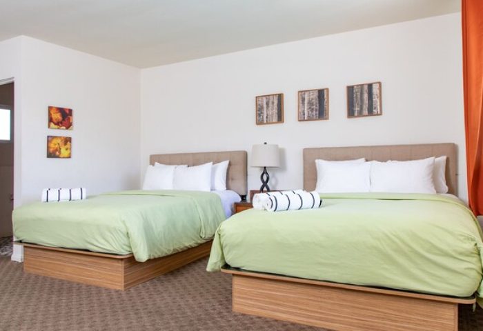 Skylark Hotel's gay-friendly room with two beds, green covers, and white walls. A modern, comfortable stay for gay travelers.