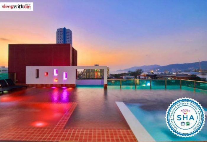 Rooftop pool at Sleep with Me Hotel, a gay-friendly design hotel in Patong, Thailand. SHA certified. Sunset view. Perfect for LGBTQ+ travelers.