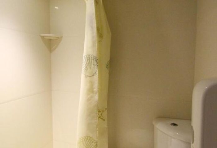Bathroom at Smart Hyde Park Inn Hostel, a gay-friendly hotel. Features a toilet, shower with seashell curtain, and clean, modern design.