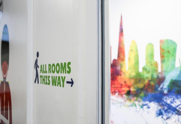 So Hostel: All rooms this way sign at gay-friendly hotel. Colorful skyline art decorates the hostel. Travel advice for gay men.