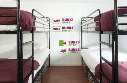 So Hostel gay-friendly hotel room with bunk beds. Modern hostel interior. Bunk bed with maroon blanket. Hostel room with wood floors.