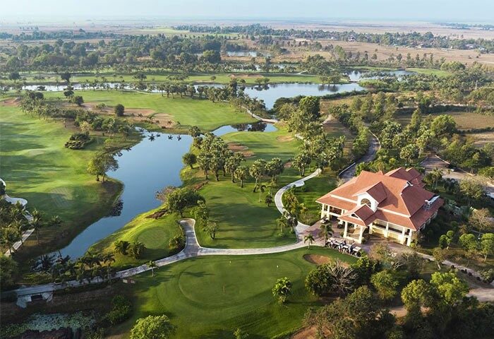 Sofitel Angkor Phokeethra Golf & Spa Resort aerial view. Gay-friendly hotel with golf course, spa, and luxury accommodations. Perfect for gay travel.