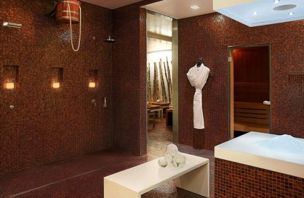 Dorint Kurfurstendamm Hotel's spa area. Sauna, shower, and relaxation zone. Gay-friendly hotel in Berlin. Pet-friendly option.