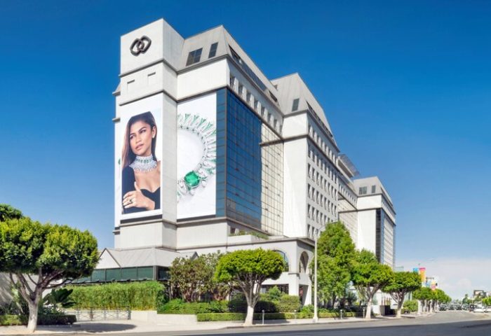 Sofitel Los Angeles at Beverly Hills Hotel: Gay-friendly hotel exterior view. Luxury travel destination for gay men. Billboard with Zendaya visible.