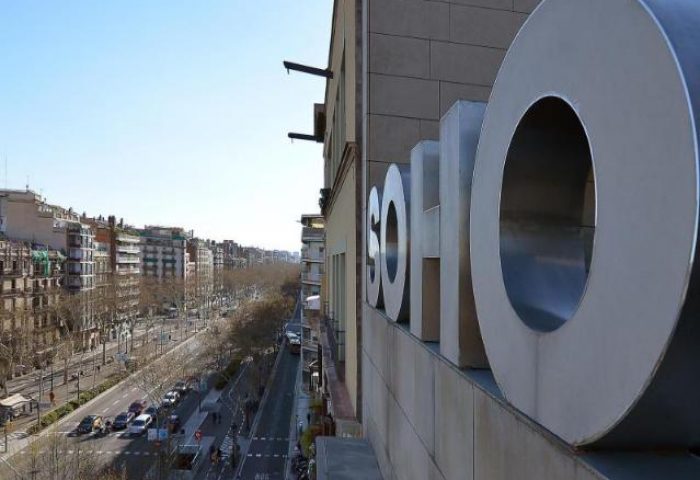 Hotel Soho sign. View from a room at this gay-friendly hotel in Barcelona. A great choice for gay men who want to explore Barcelona.
