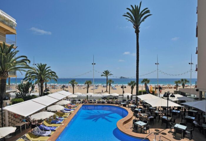 Sol Costablanca adults-only gay-friendly hotel pool and beach view. Palm trees, sunbeds, and tables surround the pool. Benidorm, Spain.
