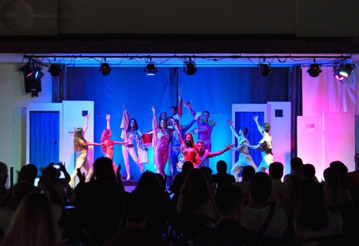 Stage show at Sol Torremolinos - Don Pablo, a gay-friendly hotel. Performers dance under blue and pink lights for an audience. Fun vacation!