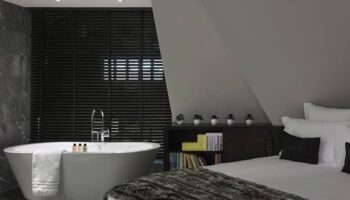 South Place Hotel's pet-friendly, gay-friendly room: Bathtub, bed, and bookshelf. A luxurious stay for LGBTQ+ travelers and their pets.