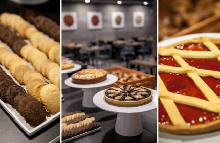 Breakfast buffet at Spice Hotel Milano, a gay-friendly hotel. Cookies, pies, and tarts are on display. Perfect for gay men's travel.