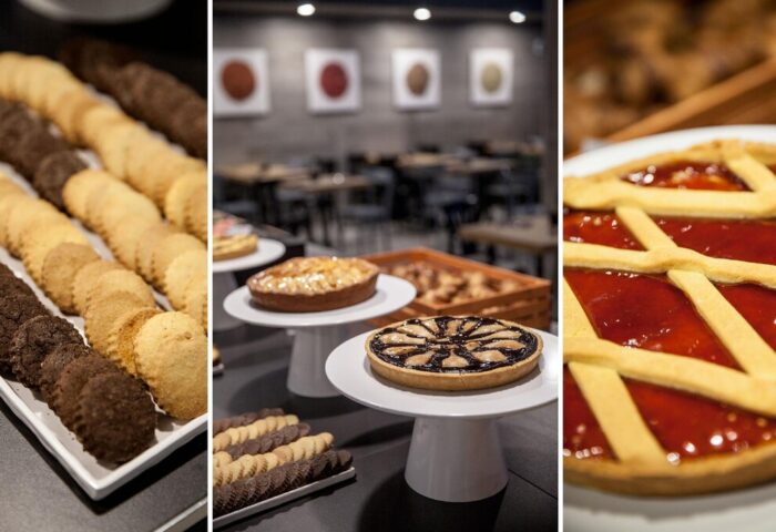 Breakfast buffet at Spice Hotel Milano, a gay-friendly hotel. Cookies, pies, and tarts are on display. Perfect for gay men's travel.