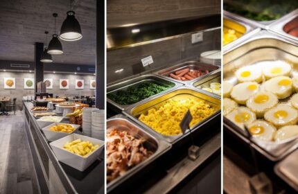 Breakfast buffet at Spice Hotel Milano, a gay-friendly hotel. Features continental options: eggs, bacon, sausages, spinach, fruit, pastries, and hot dishes.