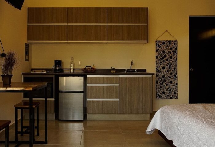 Stay Tropical gay-friendly hotel room. Kitchenette with mini fridge, sink, & cabinets. Dining table & bed. Modern, clean design.