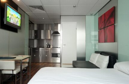 Stylotel, a gay-friendly hotel: Room interior with stainless steel kitchenette, bed, sofa, TV, table, chairs, and red artwork. Modern design.