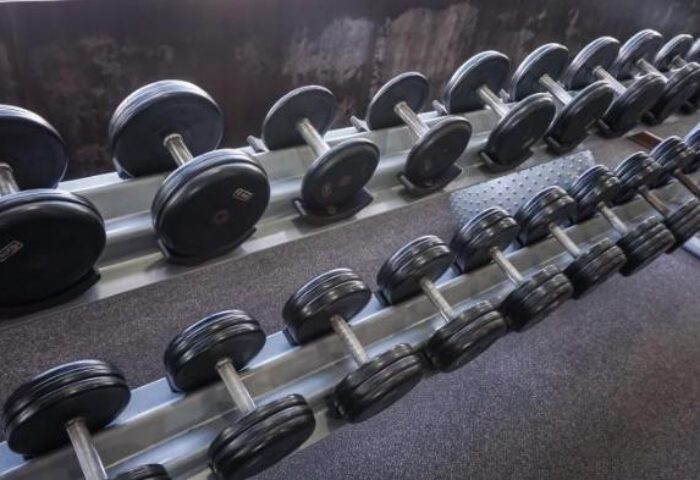 Dumbbells on rack at Swiss-Belhotel Mangga Besar gym. Gay-friendly hotel fitness center for a great workout. #GayTravel #Jakarta #HotelGym