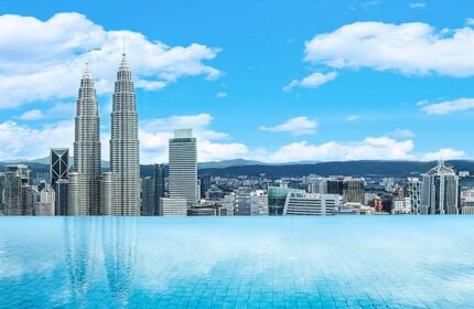 Skyline view from THE FACE Suites, Kuala Lumpur, a gay-friendly hotel. Features the Petronas Towers and an infinity pool.