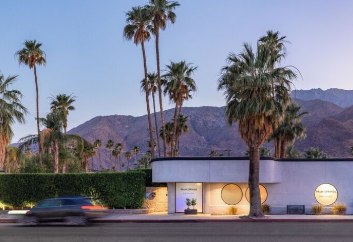 Exterior of THE PALM SPRINGS HOTEL, a gay-friendly hotel. Palm trees, mountains, and a modern building design. Palm Springs travel destination.