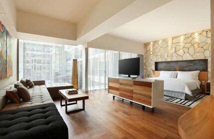 TS Suites Seminyak gay-friendly hotel room. Modern design with stone wall, wood floors, sofa, TV, and large windows. Bali luxury suite.