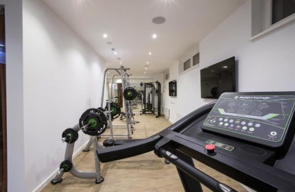 Gym at TWO Hotel Berlin by Axel, an adults-only, gay-friendly hotel. Treadmill and weight machines for guests' fitness needs.