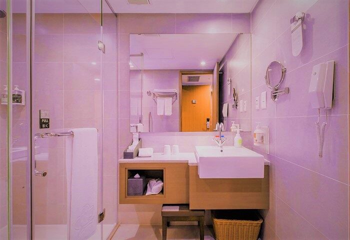 Taipei Garden Hotel's bathroom. Modern design, square sink, large mirror, and shower. A comfortable, gay-friendly hotel for travelers.