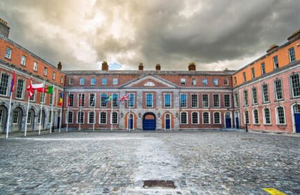 Temple Bar Lane by the KeyCollections. Dublin Castle courtyard view. Gay-friendly hotel near Temple Bar, Dublin. Flags and architecture.