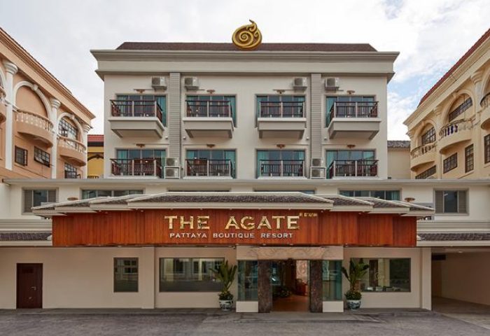 The Agate Pattaya Boutique Resort, a gay-friendly hotel. Exterior view of the resort, showcasing its facade and entrance.