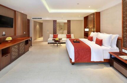 The Bandha Hotel & Suites room. Gay-friendly hotel with a king bed, couch, and TV. Luxury suite for gay men's travel. Modern interior design.
