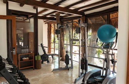 Gym at The Beach Tulum Hotel, a gay-friendly hotel. Exercise equipment, weights, and a blue exercise ball. Rustic wood beams and natural light.