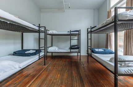 Dorm room at The Cambie Hostel Gastown, a gay-friendly hotel. Features bunk beds, hardwood floors, and natural light. Budget travel lodging.