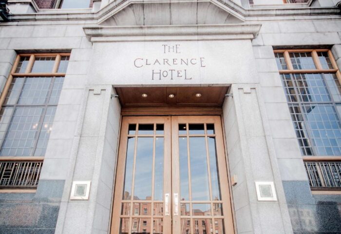 The Clarence Hotel entrance. Gay-friendly hotel in Dublin, Ireland. The Clarence is a popular choice for gay men travelers.