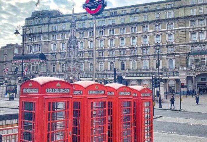 The Clermont London Charing Cross: Red telephone boxes near the Underground station. A gay-friendly hotel in London, UK.