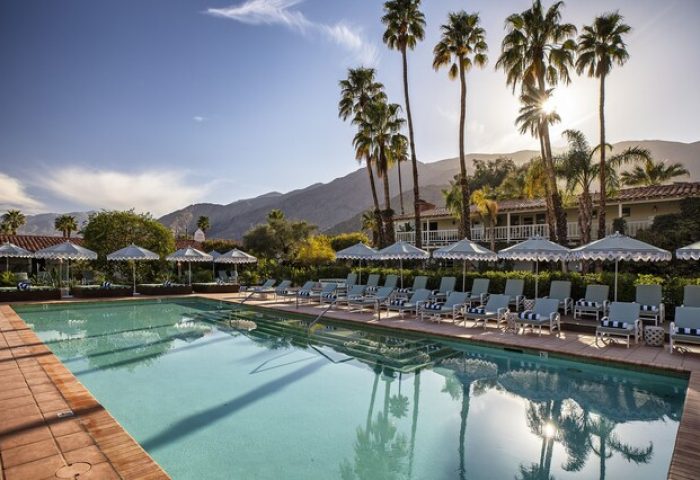 Pool at The Colony Palms Hotel, a gay-friendly hotel. Palm trees, lounge chairs, and umbrellas surround the pool. Mountains in the background.