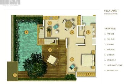 Elysian Boutique Villa Hotel gay-friendly layout. One-bedroom villa floor plan with pool, living room, dining area, bedroom, and bathroom.