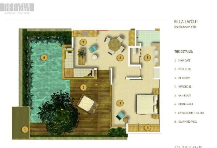 Elysian Boutique Villa Hotel gay-friendly layout. One-bedroom villa floor plan with pool, living room, dining area, bedroom, and bathroom.