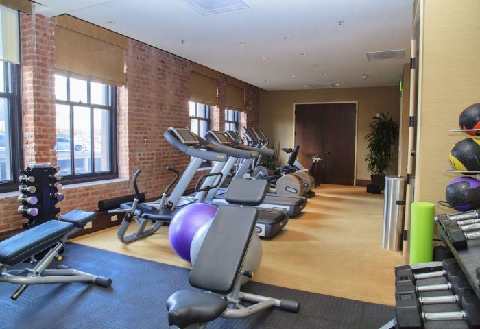 Fairmont Heritage Place Ghirardelli Square gym. Gay-friendly hotel fitness center with treadmills, weights, and exercise equipment.