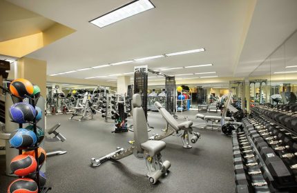 Fairmont San Francisco Hotel's gym. This gay-friendly hotel has free weights, medicine balls, treadmills, and weight machines.
