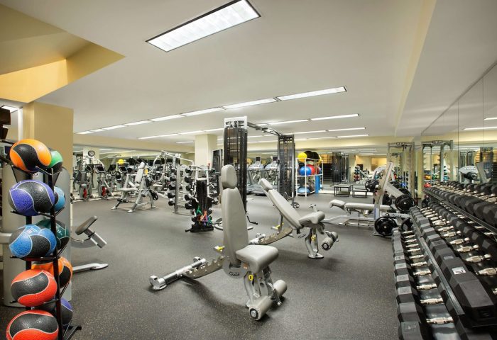 Fairmont San Francisco Hotel's gym. This gay-friendly hotel has free weights, medicine balls, treadmills, and weight machines.