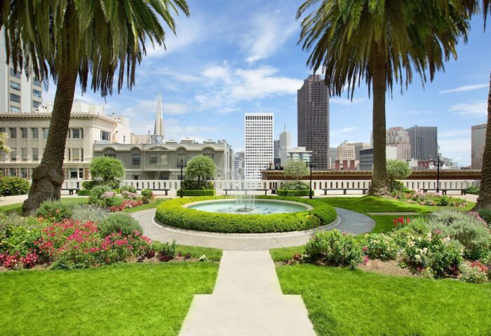 Fairmont San Francisco Hotel garden, a gay-friendly hotel. Fountain, palm trees, and city skyline. An oasis in San Francisco.