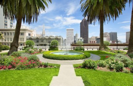 Fairmont San Francisco Hotel garden, a gay-friendly hotel. Fountain, palm trees, and city skyline. An oasis in San Francisco.